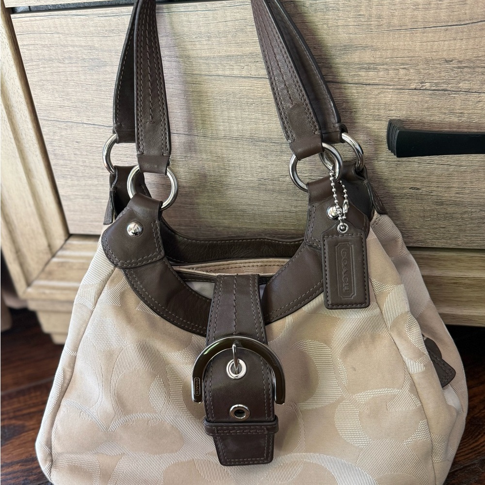 Coach Tan and Brown Signature Shoulder Bag